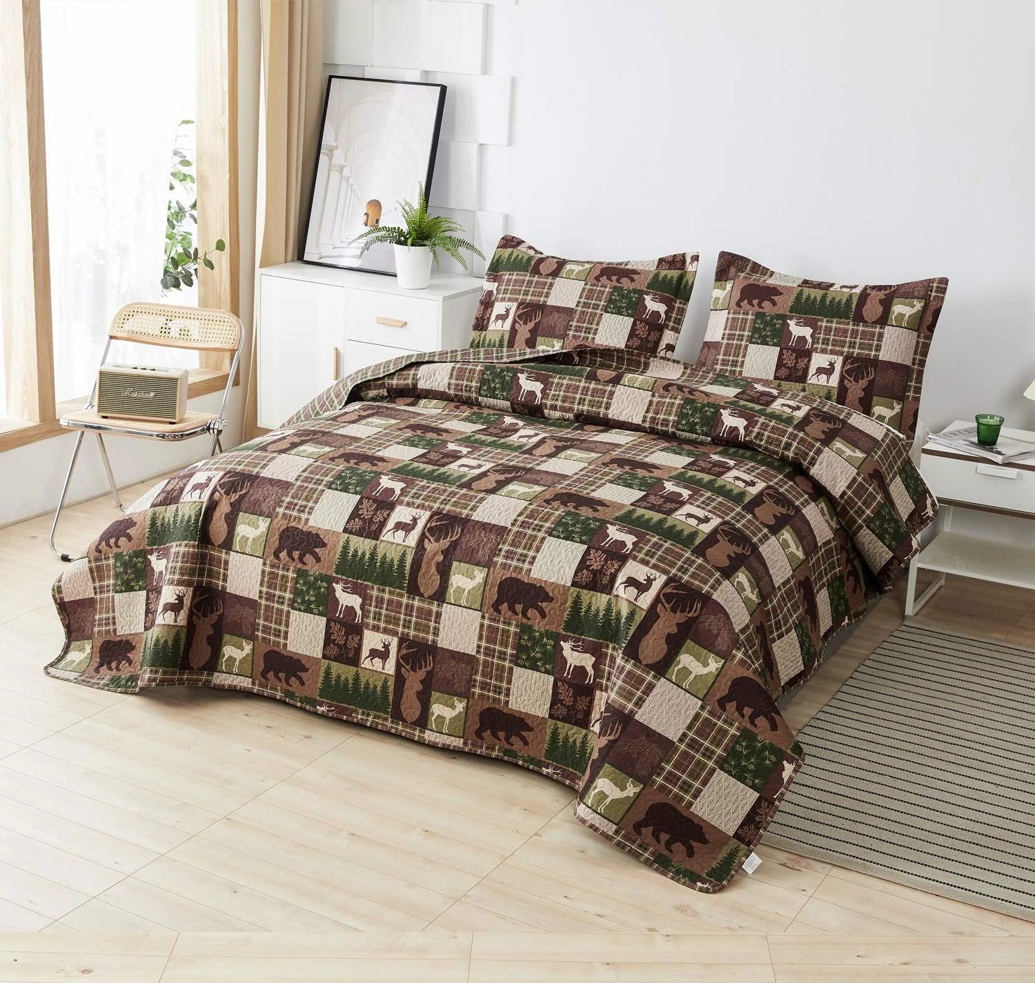 MINCHI Lodge Bedspread Full/Queen Size with 2 Shams Moose Bear Lightweight Reversible Rustic Cabin Quilt Set All Season Forest Tree Bedding Plaid Bed Set Coverlet(Brown,Plaid)