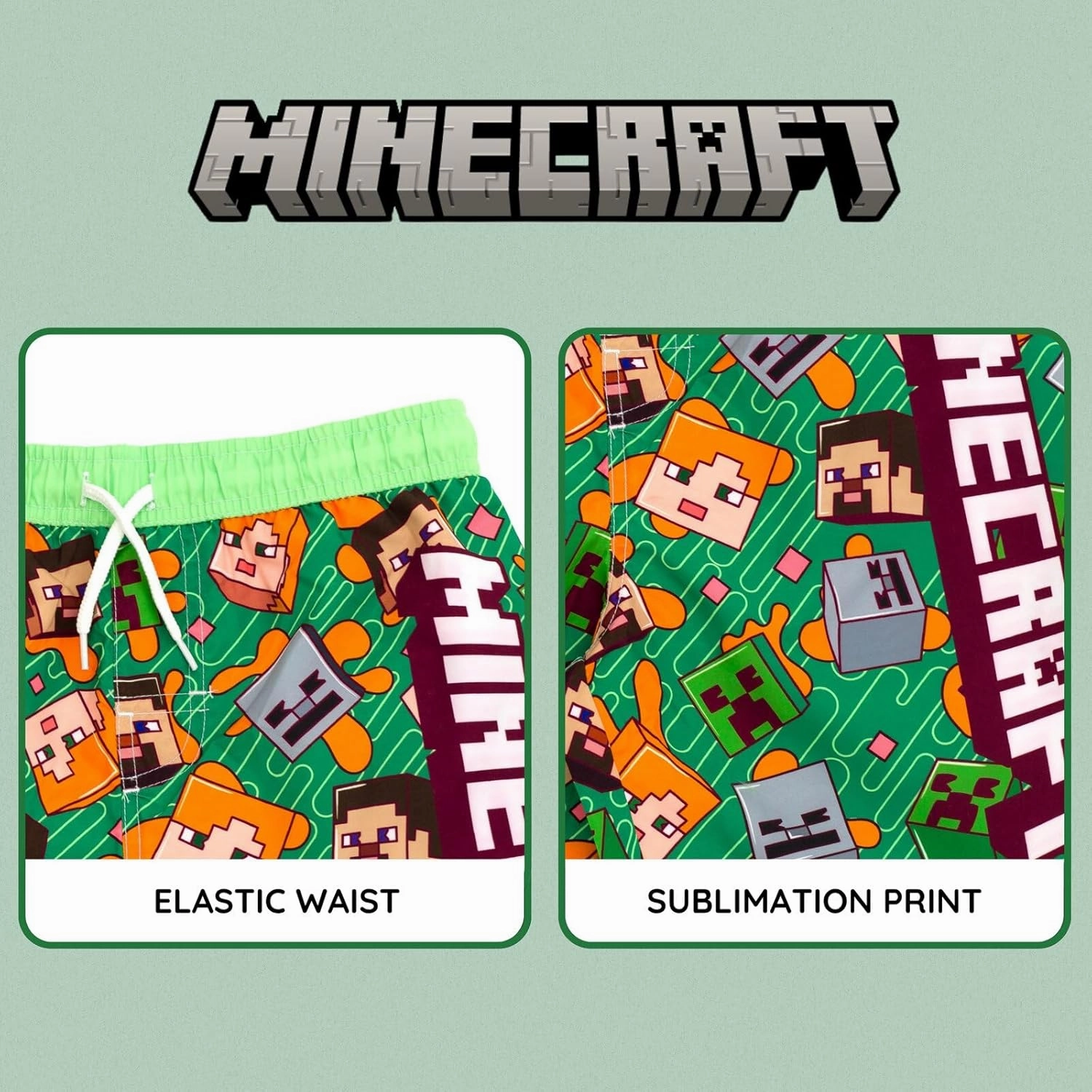Minecraft UPF 50  Swim Trunks Bathing Suit Toddler to Big Kid Sizes (4T - 18-20)