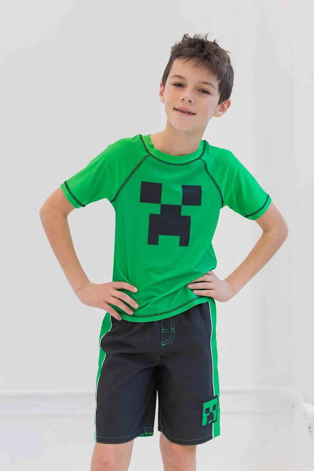 Minecraft Zombie Creeper Alex Steve Rash Guard and Swim Trunks Outfit Set Little Kid to Big Kid