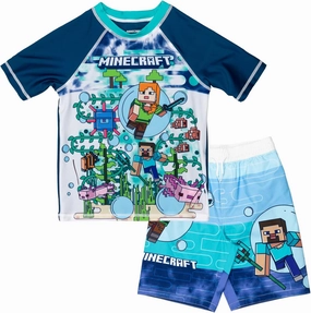 Minecraft Zombie Creeper Alex Steve Rash Guard and Swim Trunks Outfit Set Little Kid to Big Kid