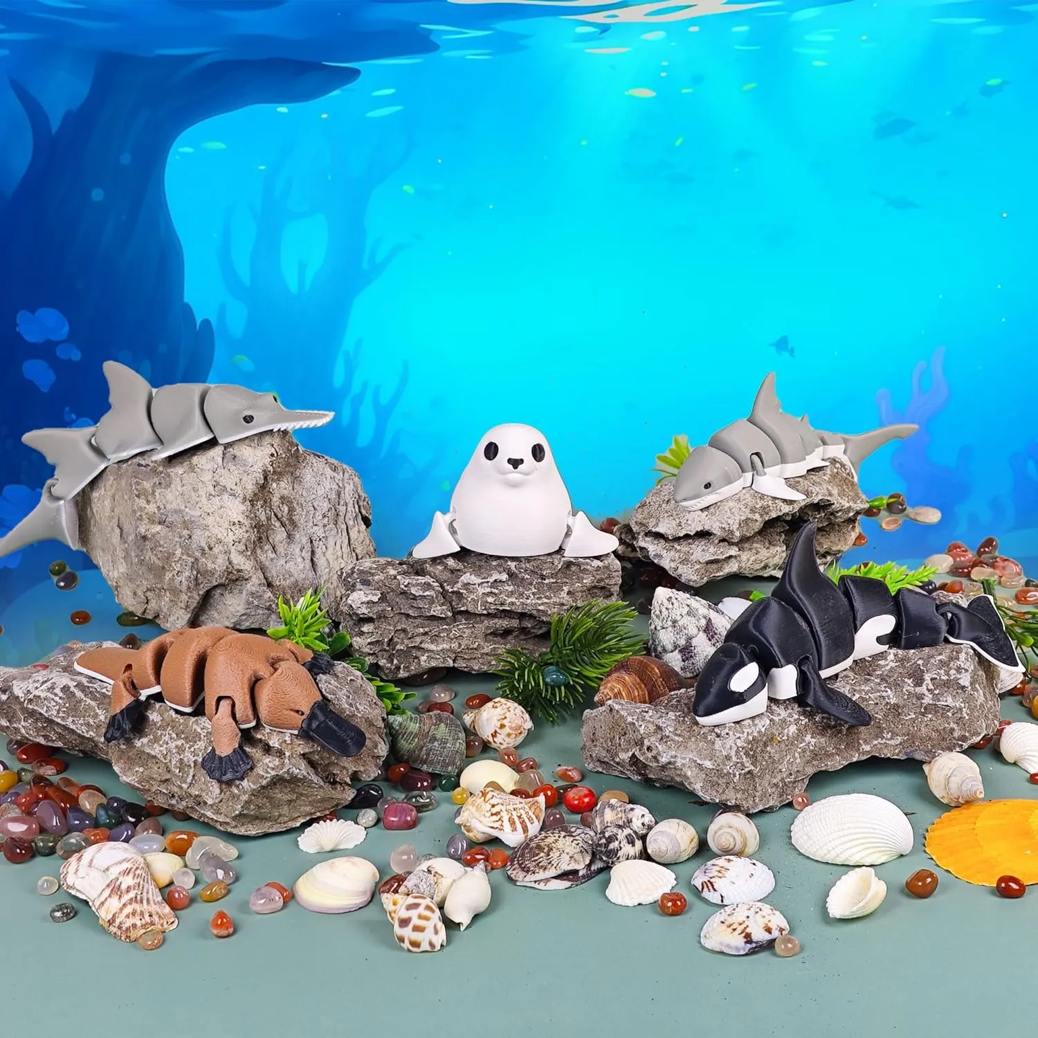 Mini 3D Printed Animals Fidget Toys Collection - 3D Printed Toys Unique Articulated Fidget,Home Office Executive Desk Decor - Shark Platypus Seal
