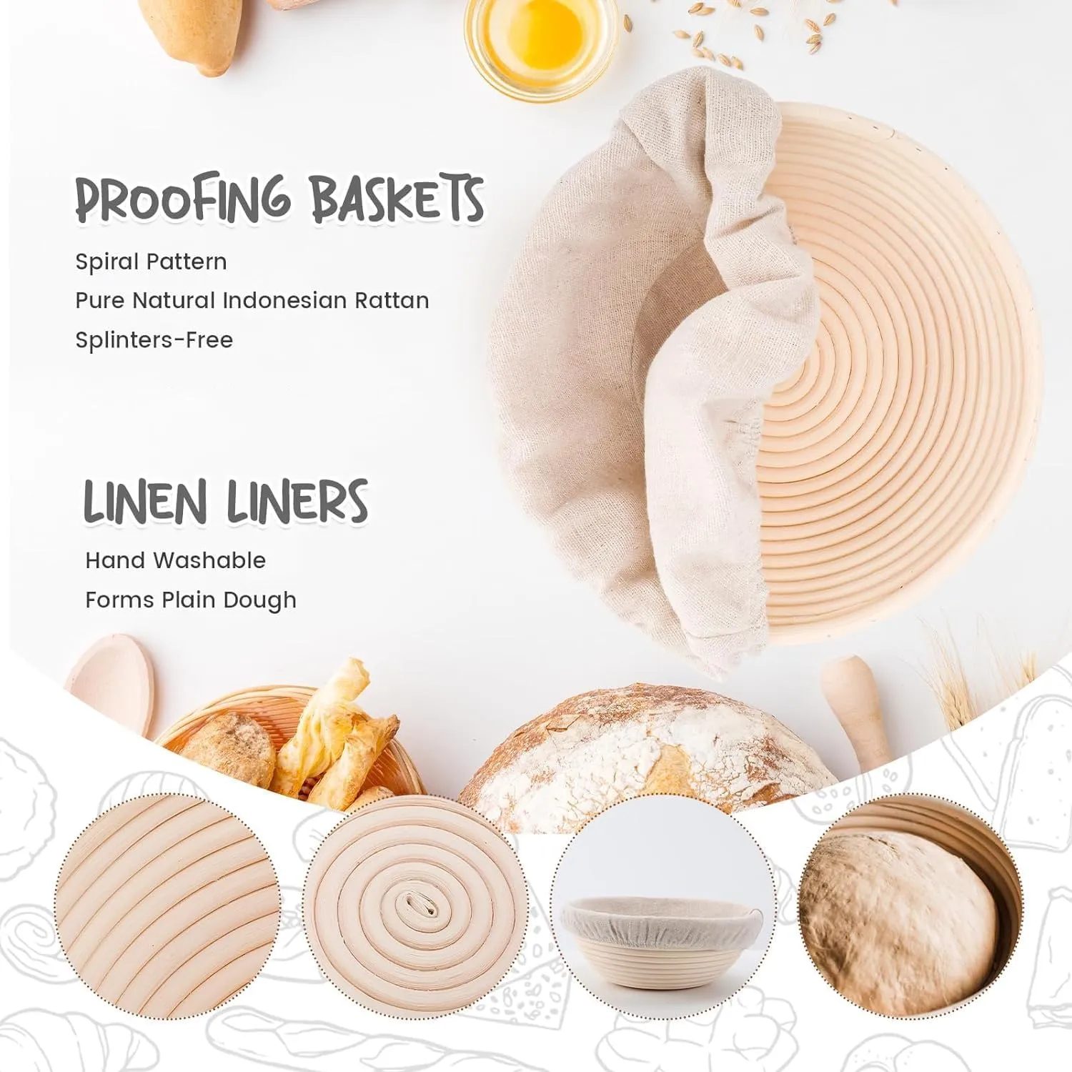 Mini Bread Dough Proofing Basket & Liner (Set of 6, 5 inch), Sourdough Bread Bakery Bowls for Professional & Home Bakers