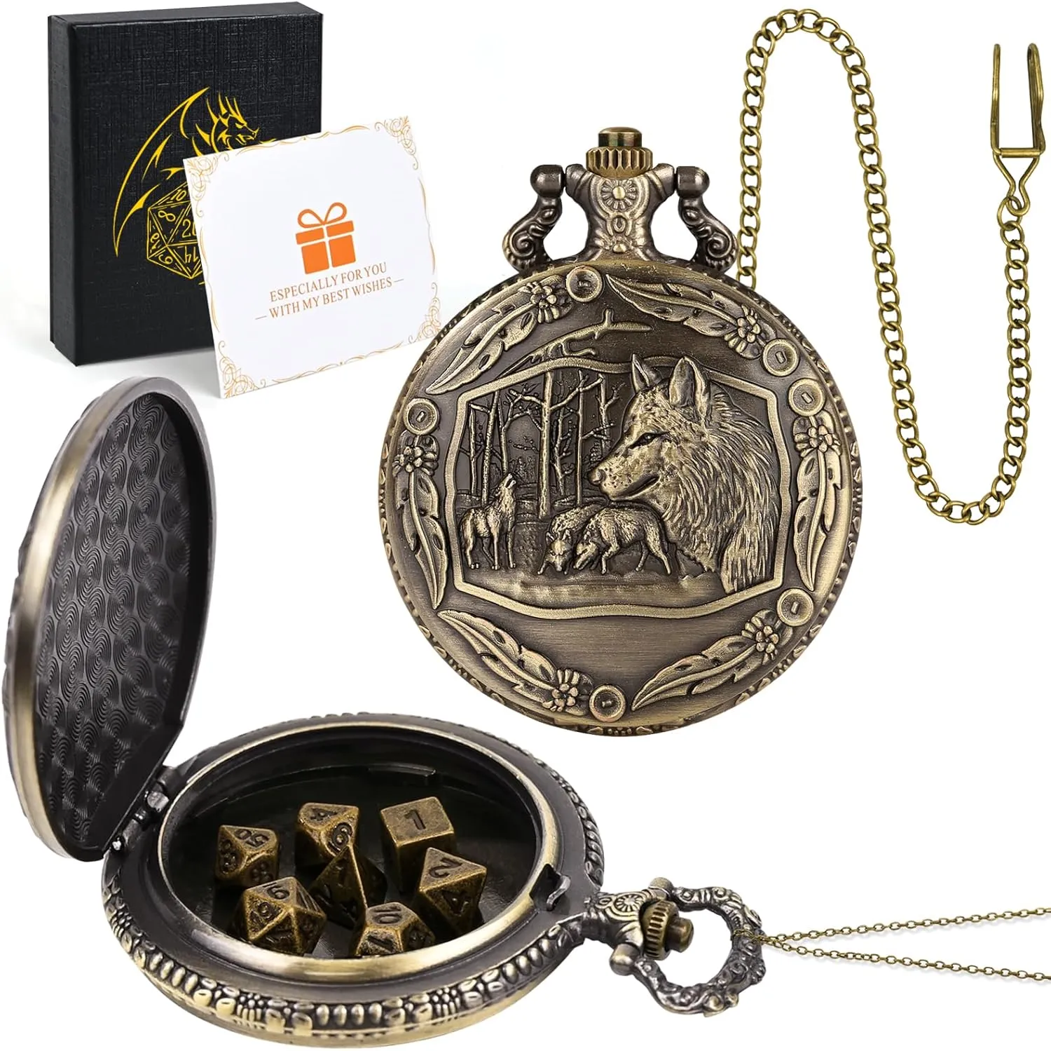 Mini DND Dice Set, 7-Piece D&D Dice Set Made of Polyhedral Metal for Board Game Dungeons, DND Dice Set Role Playing Game with a Steampunk Pocket Watch Case (Embossed Wolf Head)