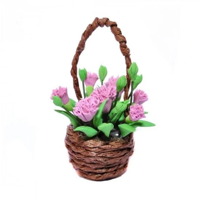 Miniature Artificial Pink Carnations in a Basket, Dollhouse or Fairy Garden Flowers