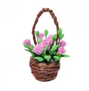 Miniature Artificial Pink Carnations in a Basket, Dollhouse or Fairy Garden Flowers