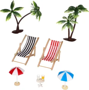 Miniature Beach Landscape Set Palm Trees Parasols Deckchairs Beverages Round Coffee Table Micro Landscape Decor for Dollhouse Fairy Garden
