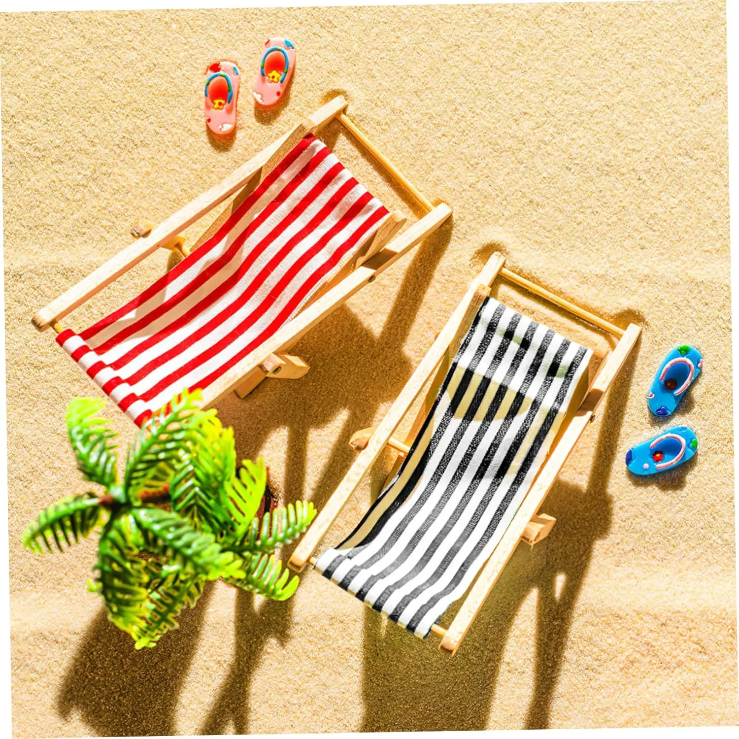 Miniature Beach Ornament Set Doll House Decor with Palm Trees Deckchairs Parasols Drinks Round Table for Fairy Garden Micro Landscape Decoration