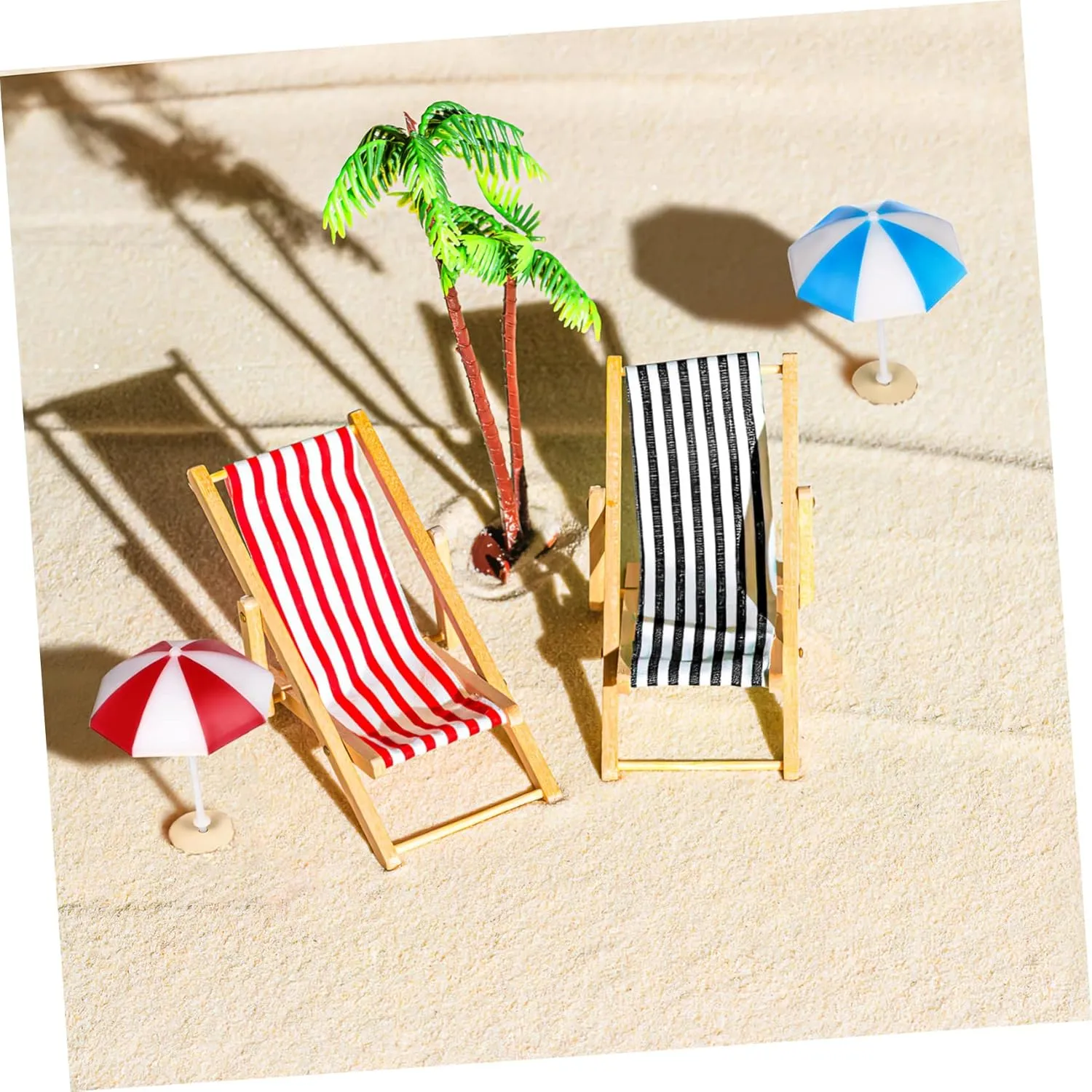 Miniature Beach Ornament Set Doll House Decor with Palm Trees Deckchairs Parasols Drinks Round Table for Fairy Garden Micro Landscape Decoration