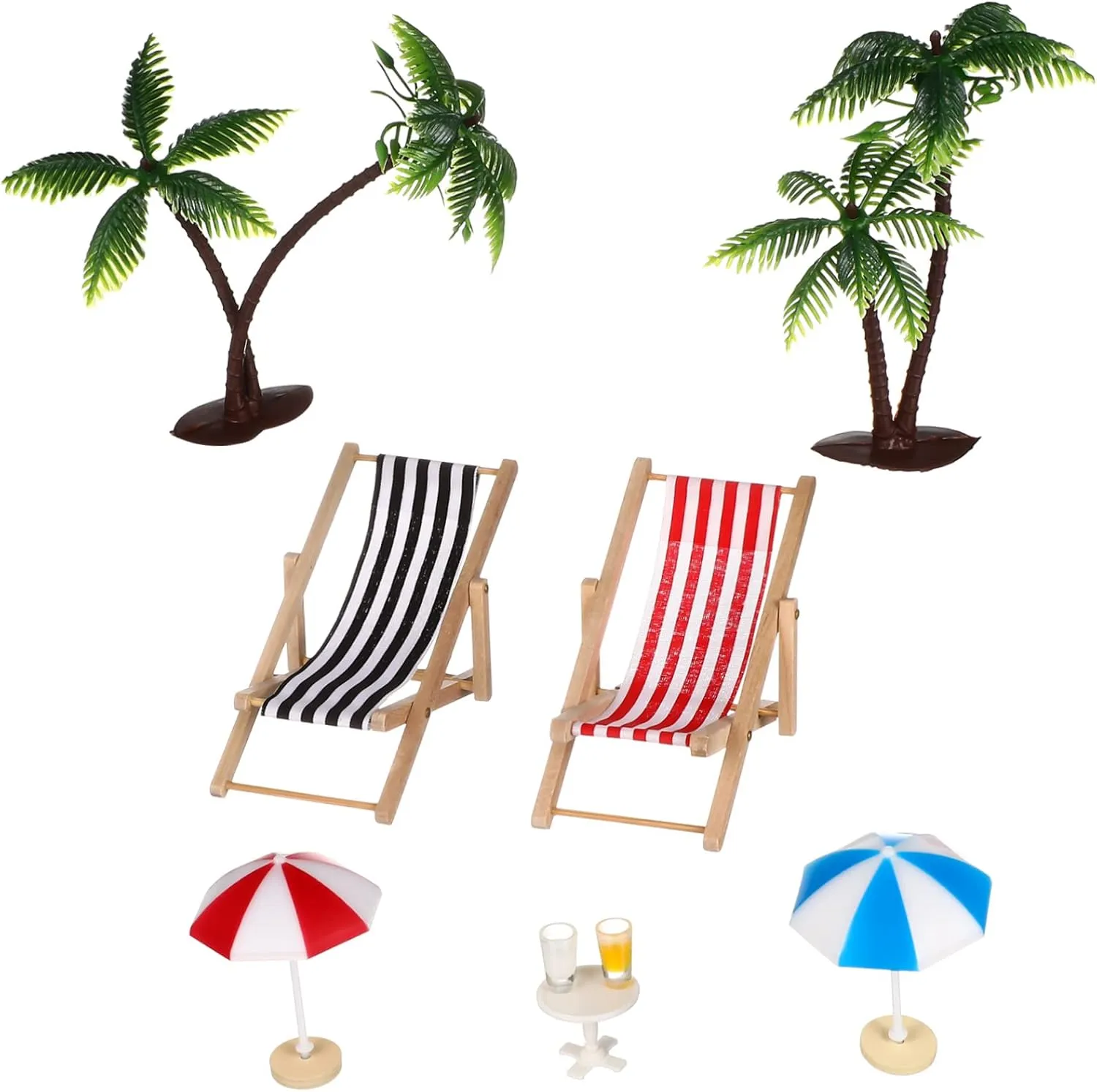 Miniature Beach Ornament Set Doll House Decor with Palm Trees Deckchairs Parasols Drinks Round Table for Fairy Garden Micro Landscape Decoration