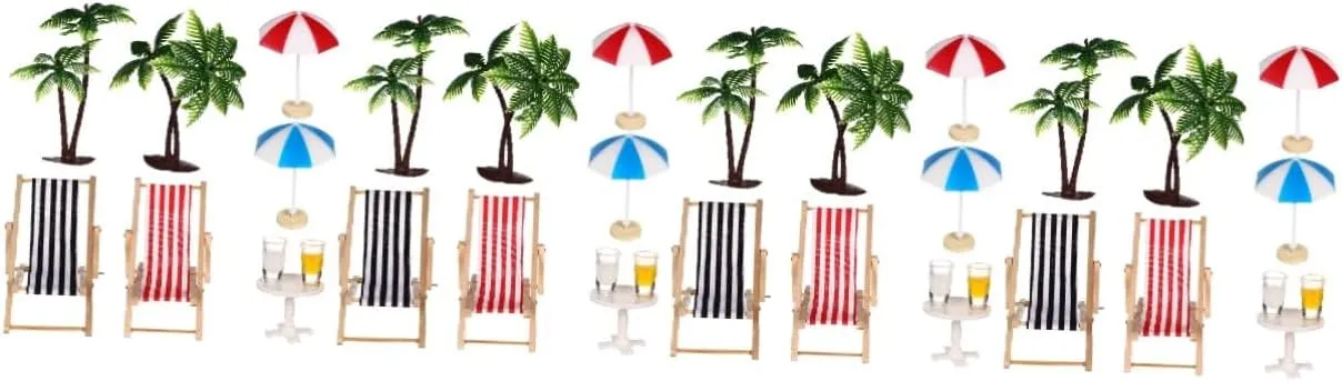 Miniature Beach Ornament Set Doll House Decor with Palm Trees Deckchairs Parasols Drinks Round Table for Fairy Garden Micro Landscape Decoration