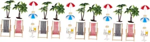 Miniature Beach Ornament Set Doll House Decor with Palm Trees Deckchairs Parasols Drinks Round Table for Fairy Garden Micro Landscape Decoration