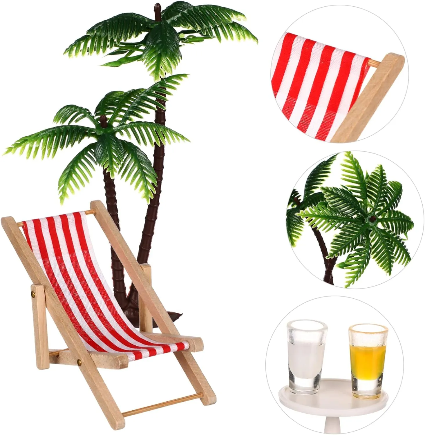 Miniature Beach Ornament Set Doll House Decor with Palm Trees Deckchairs Parasols Drinks Round Table for Fairy Garden Micro Landscape Decoration