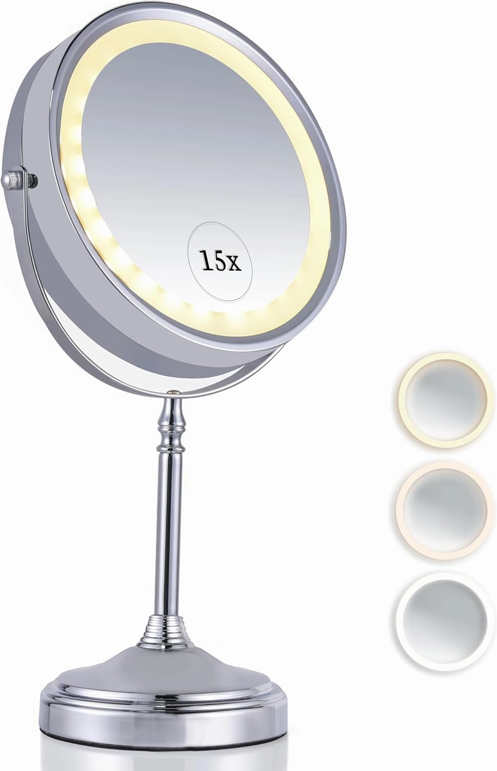 MIRRORVANA Super Zoom 15X Magnifying Makeup Mirror with Lights - 15X & 1X Make Up Vanity Mirror with 3 Lighting Modes, Rechargeable Battery with USB Cable - 8" Wide & 15" Tall (Chrome)