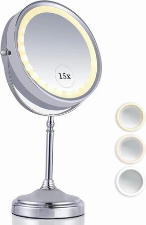 MIRRORVANA Super Zoom 15X Magnifying Makeup Mirror with Lights - 15X & 1X Make Up Vanity Mirror with 3 Lighting Modes, Rechargeable Battery with USB Cable - 8" Wide & 15" Tall (Chrome)