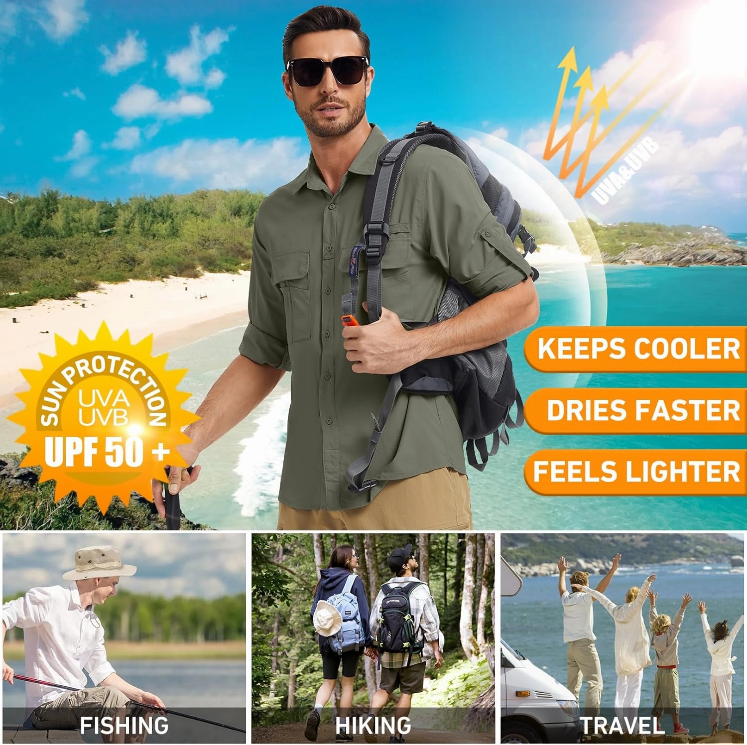 mixtiq Men’s Safari Sun UV Protection Shirts Loog Sleeve UPF 50  Quick Dry Lightweight Cooling Hiking Fishing Camping Shirts