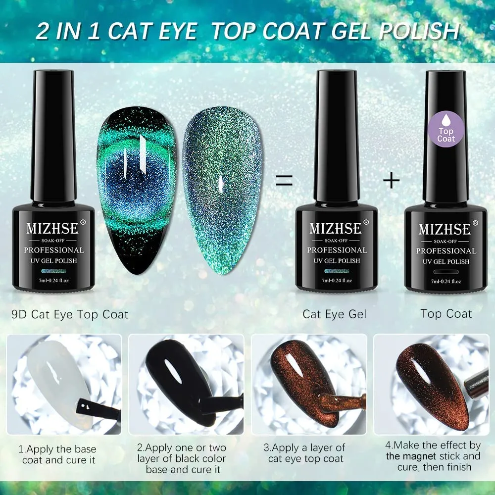 MIZHSE 2 In 1 9D Cat Eye Gel Nail Polish Kit, Upgraded Magnetic Gel Polish Set with Magnet, Shiny Chameleon Magic Galaxy Effect Soak Off Gel Nail Art Gift for Women