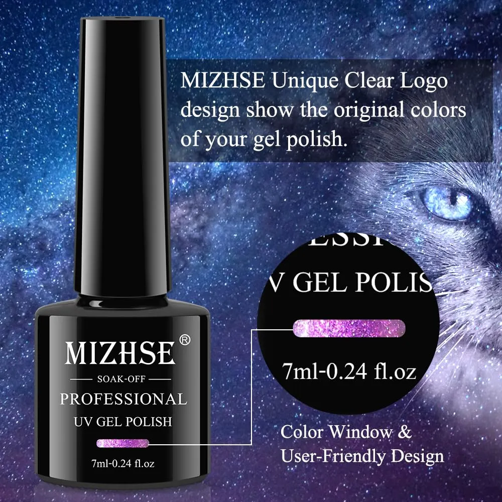 MIZHSE 2 In 1 9D Cat Eye Gel Nail Polish Kit, Upgraded Magnetic Gel Polish Set with Magnet, Shiny Chameleon Magic Galaxy Effect Soak Off Gel Nail Art Gift for Women