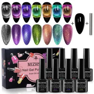 MIZHSE 2 In 1 9D Cat Eye Gel Nail Polish Kit, Upgraded Magnetic Gel Polish Set with Magnet, Shiny Chameleon Magic Galaxy Effect Soak Off Gel Nail Art Gift for Women