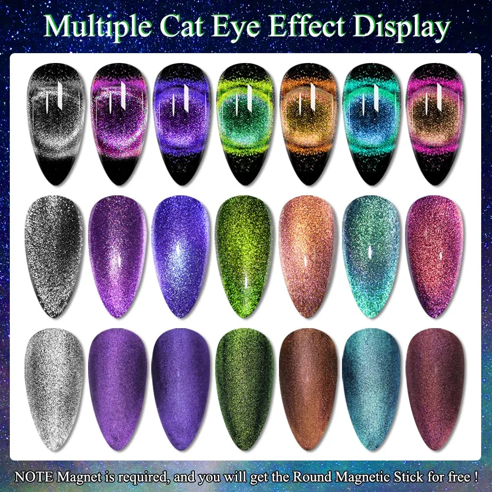 MIZHSE 2 In 1 9D Cat Eye Gel Nail Polish Kit, Upgraded Magnetic Gel Polish Set with Magnet, Shiny Chameleon Magic Galaxy Effect Soak Off Gel Nail Art Gift for Women