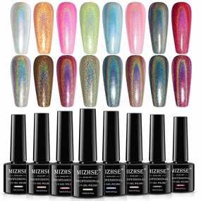 MIZHSE 8 Colors Holographic Gel Nail Polish, Laser Iridescent Gel Polish Set, Chrome Rainbow Shimmer Glitter Nail Gel, Sparkly Shiny Gel Polish Silver Pink Nail Art Salon at Home Women Gift