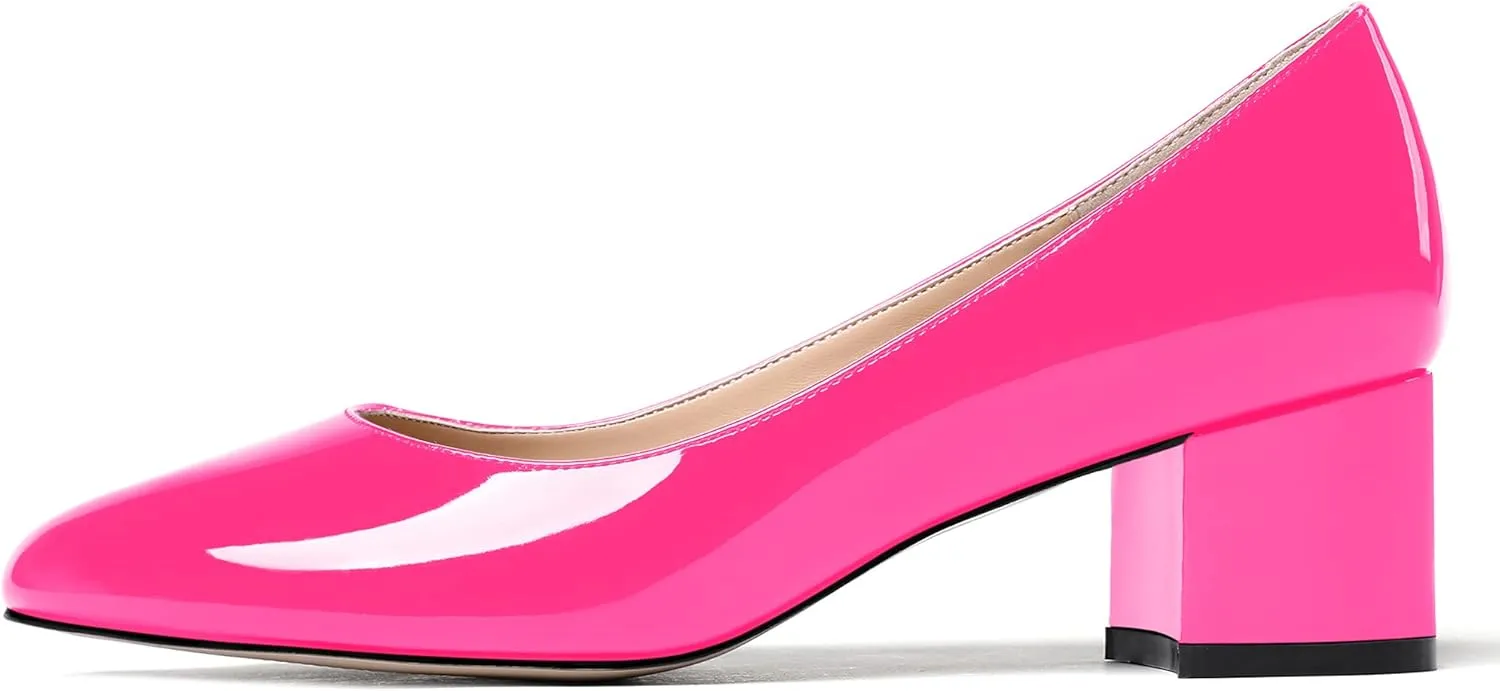 MODENCOCO Women's Patent Leather Round Toe Solid Slip On Chunky Low Heel Pumps Wedding Evening Dress Shoes 2 Inch