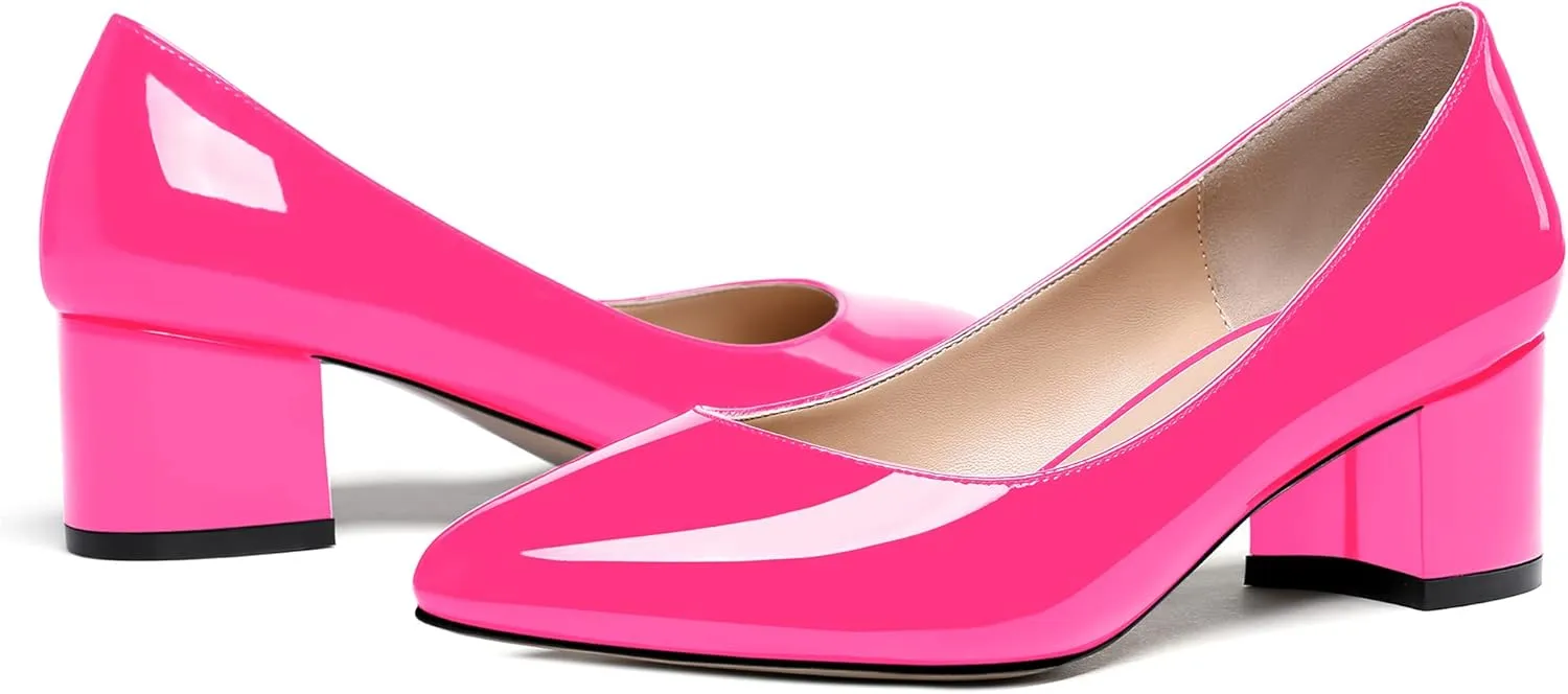MODENCOCO Women's Patent Leather Round Toe Solid Slip On Chunky Low Heel Pumps Wedding Evening Dress Shoes 2 Inch