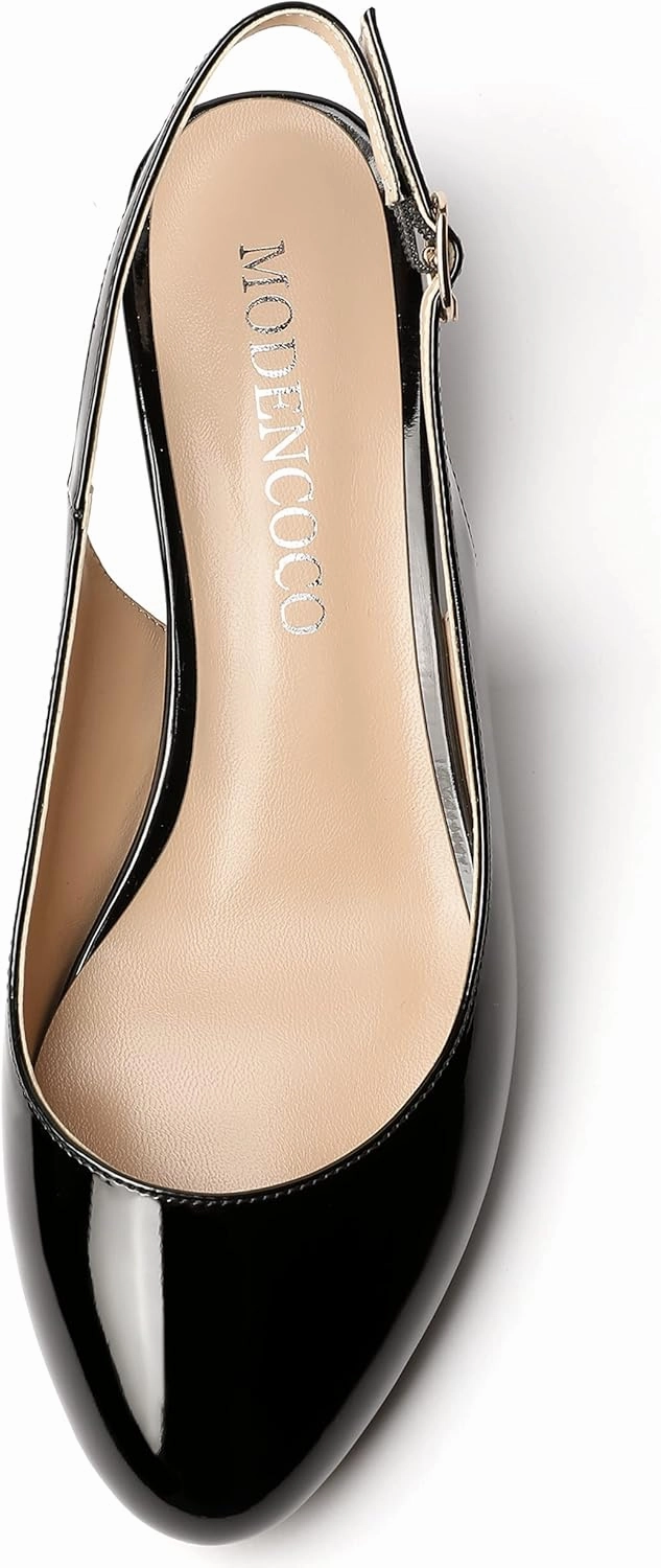 MODENCOCO Women's Ankle Strap Patent Round Toe Slingback Chunky Low Heel Pumps Shoes 1.5 Inch