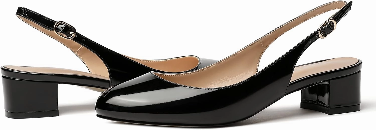 MODENCOCO Women's Ankle Strap Patent Round Toe Slingback Chunky Low Heel Pumps Shoes 1.5 Inch