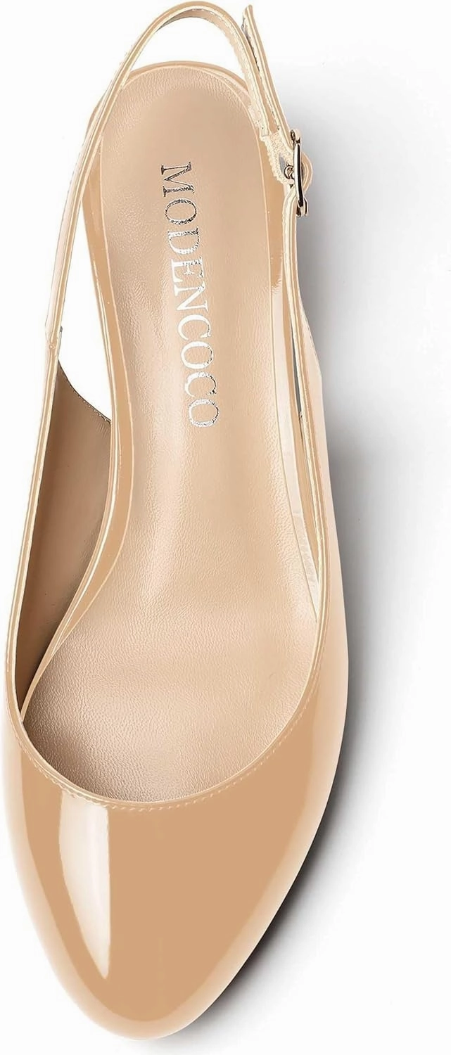 MODENCOCO Women's Ankle Strap Patent Round Toe Slingback Chunky Low Heel Pumps Shoes 1.5 Inch