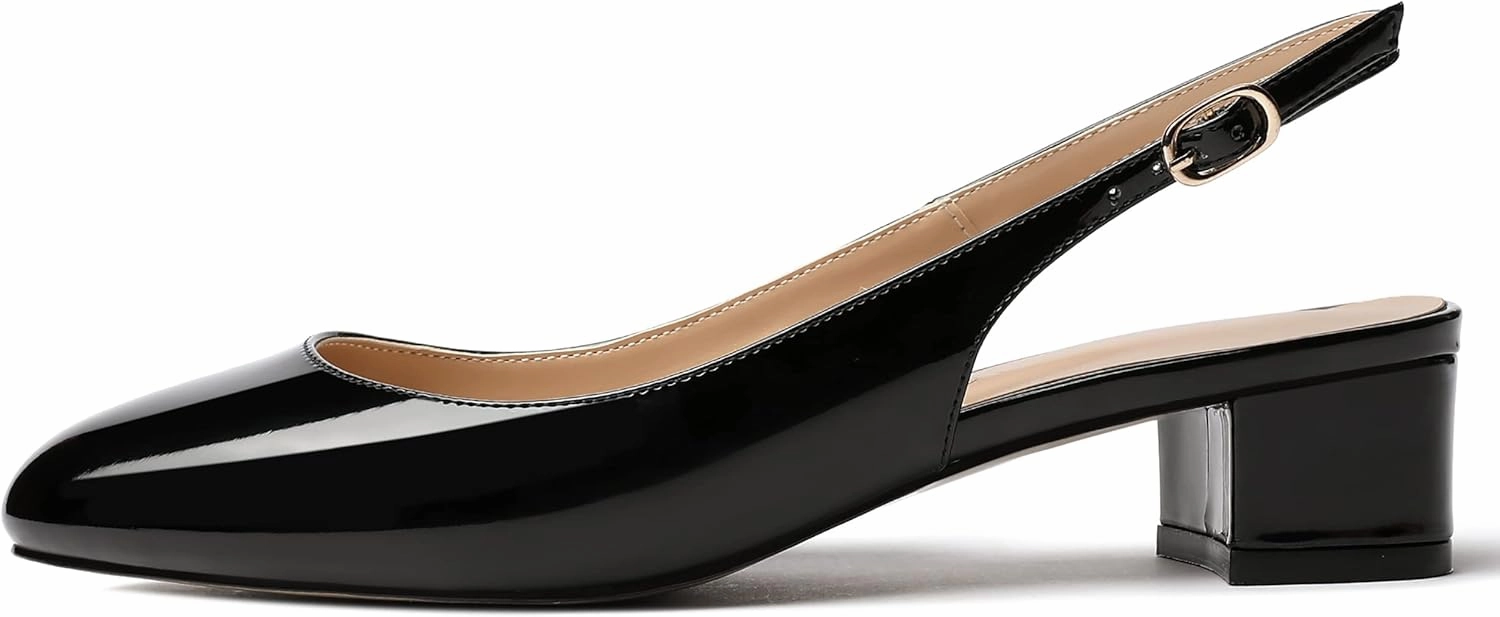 MODENCOCO Women's Ankle Strap Patent Round Toe Slingback Chunky Low Heel Pumps Shoes 1.5 Inch