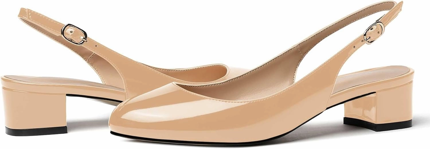 MODENCOCO Women's Ankle Strap Patent Round Toe Slingback Chunky Low Heel Pumps Shoes 1.5 Inch