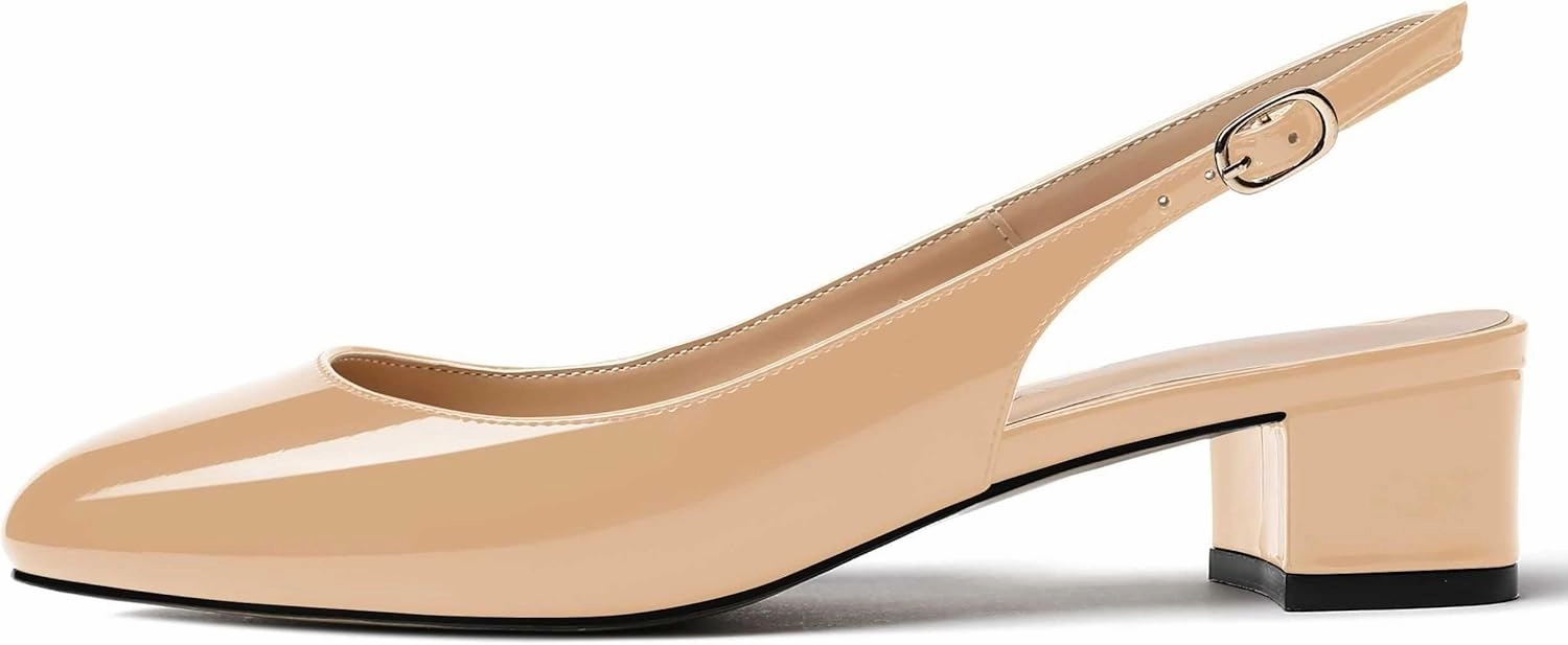 MODENCOCO Women's Ankle Strap Patent Round Toe Slingback Chunky Low Heel Pumps Shoes 1.5 Inch