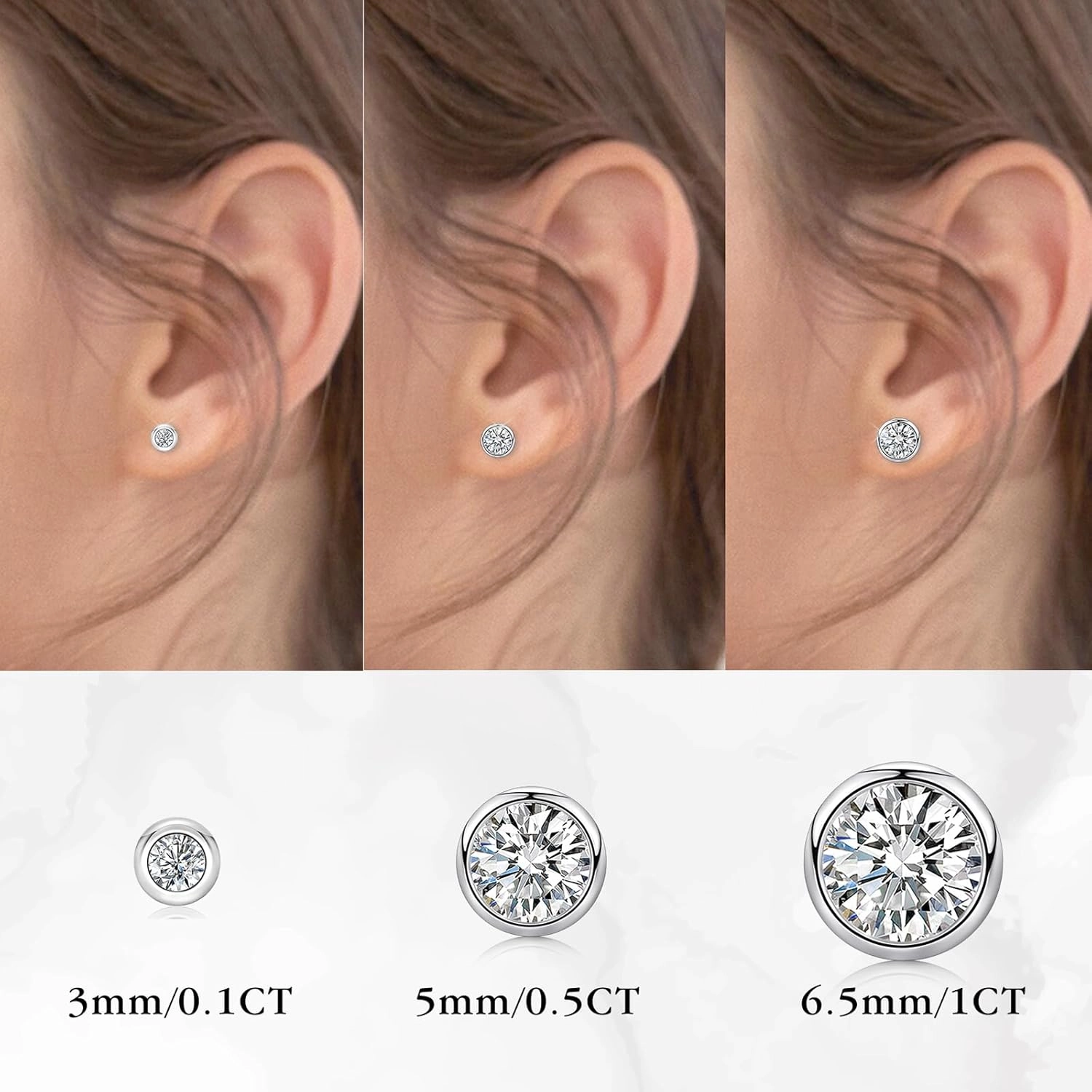 Moissanite Diamond Earrings for Women & Men,1-2 Carat D Color VVS1 Clarity, 5-6.5mm Hypoallergenic 18K White Gold Plated 925 Sterling Silver Bezel Set Round Studs