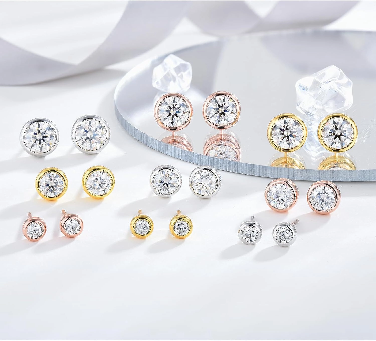 Moissanite Diamond Earrings for Women & Men,1-2 Carat D Color VVS1 Clarity, 5-6.5mm Hypoallergenic 18K White Gold Plated 925 Sterling Silver Bezel Set Round Studs