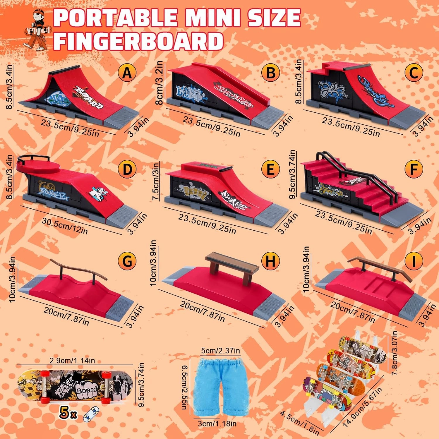 MOMSIV Finger Skateboard Ramp Set, Mini Finger Skateboard Park Ramp Kit 5 4 Fingerboard Half Pipe Ultimate Parks Training Props Accessories, Skateboard Toys Set Christmas Birthday Gift for Kids Adult