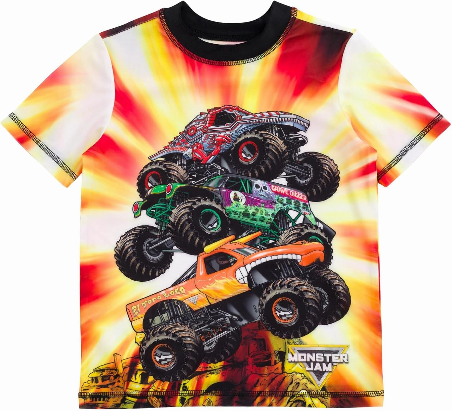 Monster Jam UPF 50  Pullover Rash Guard and Swim Trunks Outfit Set Toddler to Big Kid Grave Digger El Toro Loco Megalodon