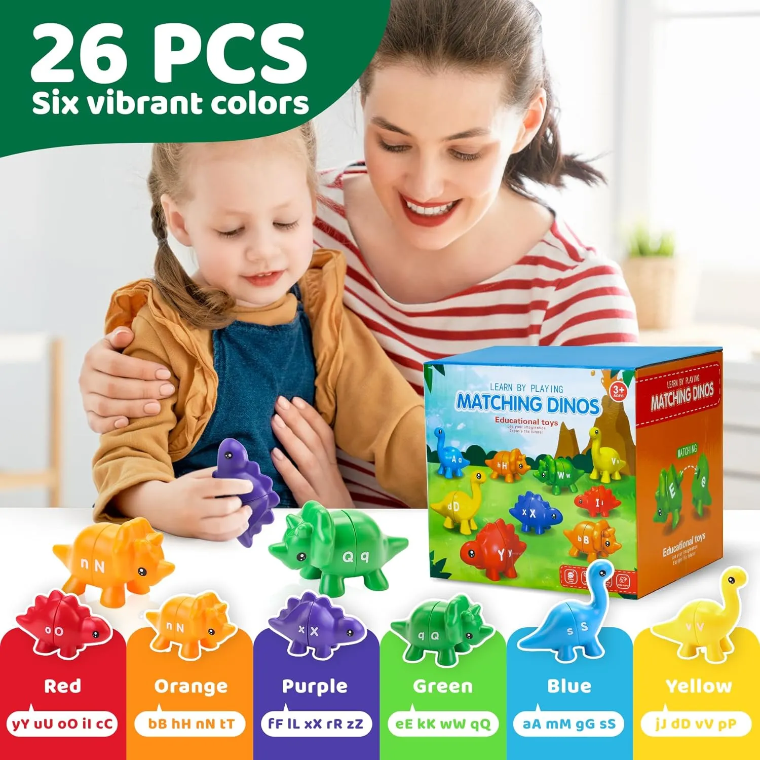 Montessori Alphabet Learing Dinosaur Toys for Kids 2-4, 26PCS Dino ABC Puzzles Matching Games for Toddlers 1-3,Preschool Learning Educational Fine Motor Skill Easter Gift for Boys Girls