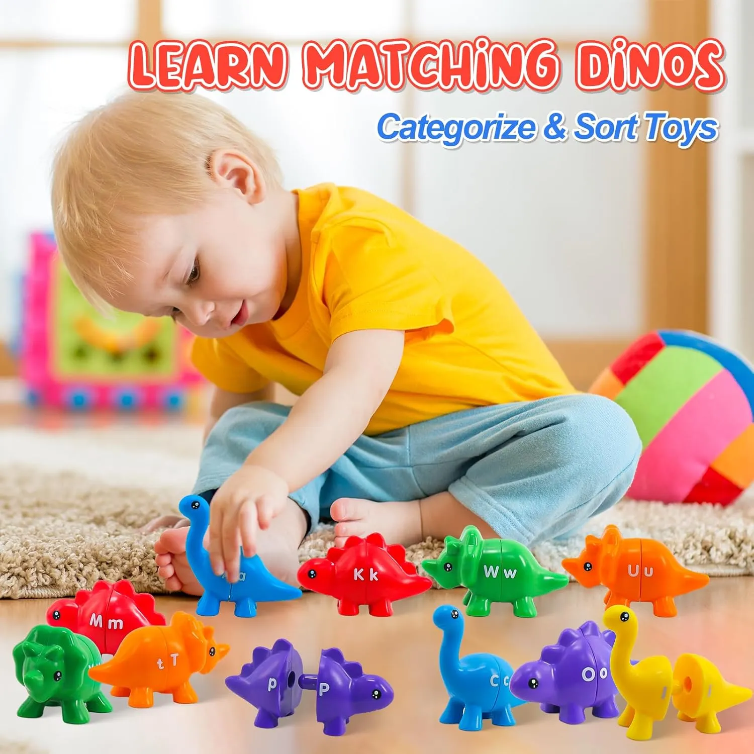 Montessori Learning Toys for Toddlers 1-3, Matching Letters Fine Motor Toy, Double-Sided 26 PCS ABC Dinosaur Alphabet Games for Kids Ages 3-5, Alphabet Learning Dinosaur Set for Kindergarten