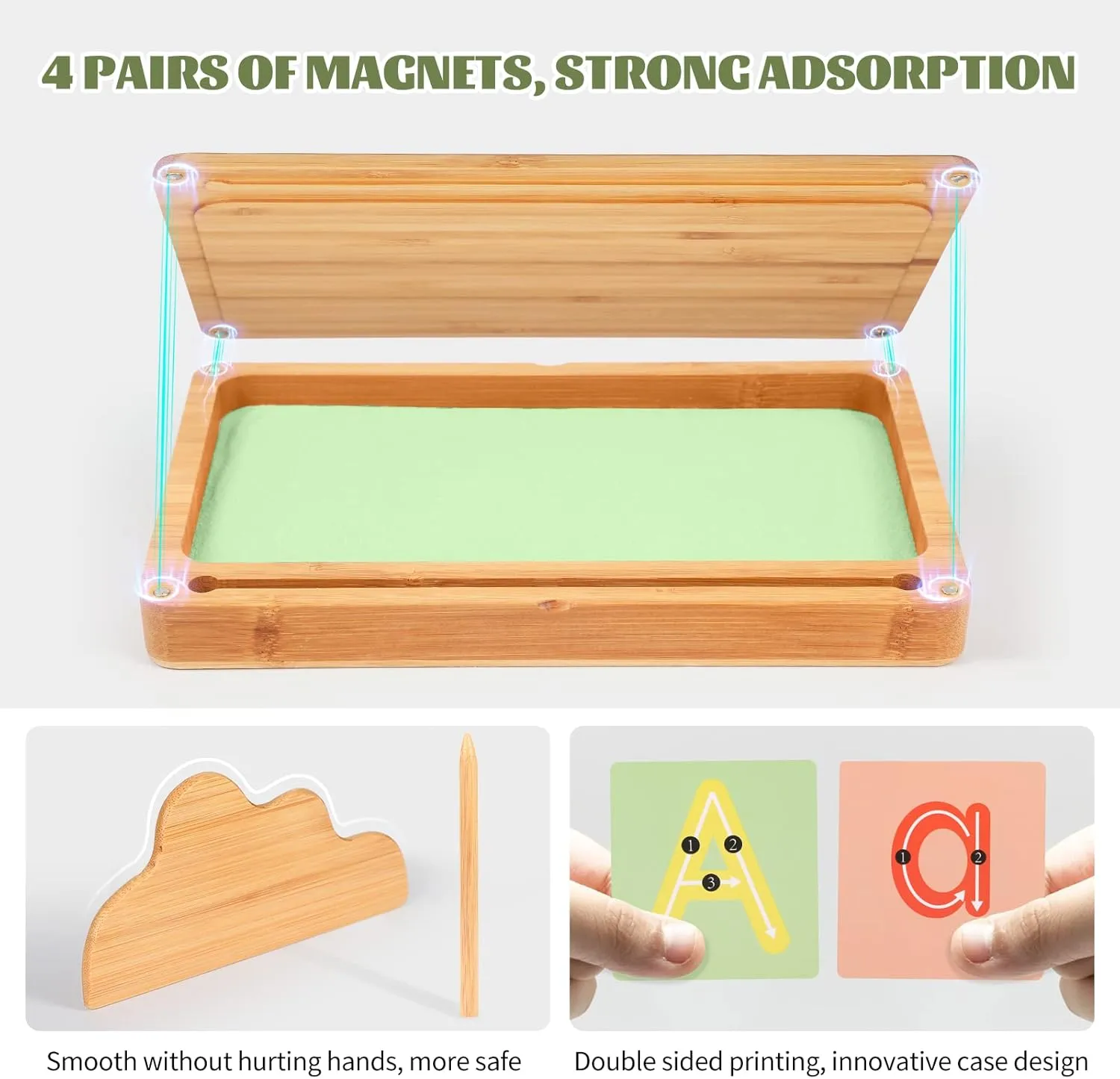Montessori Sand Tray with Lid - Wooden Sand Trays for Kids - Writing Letters and Numbers (Green)