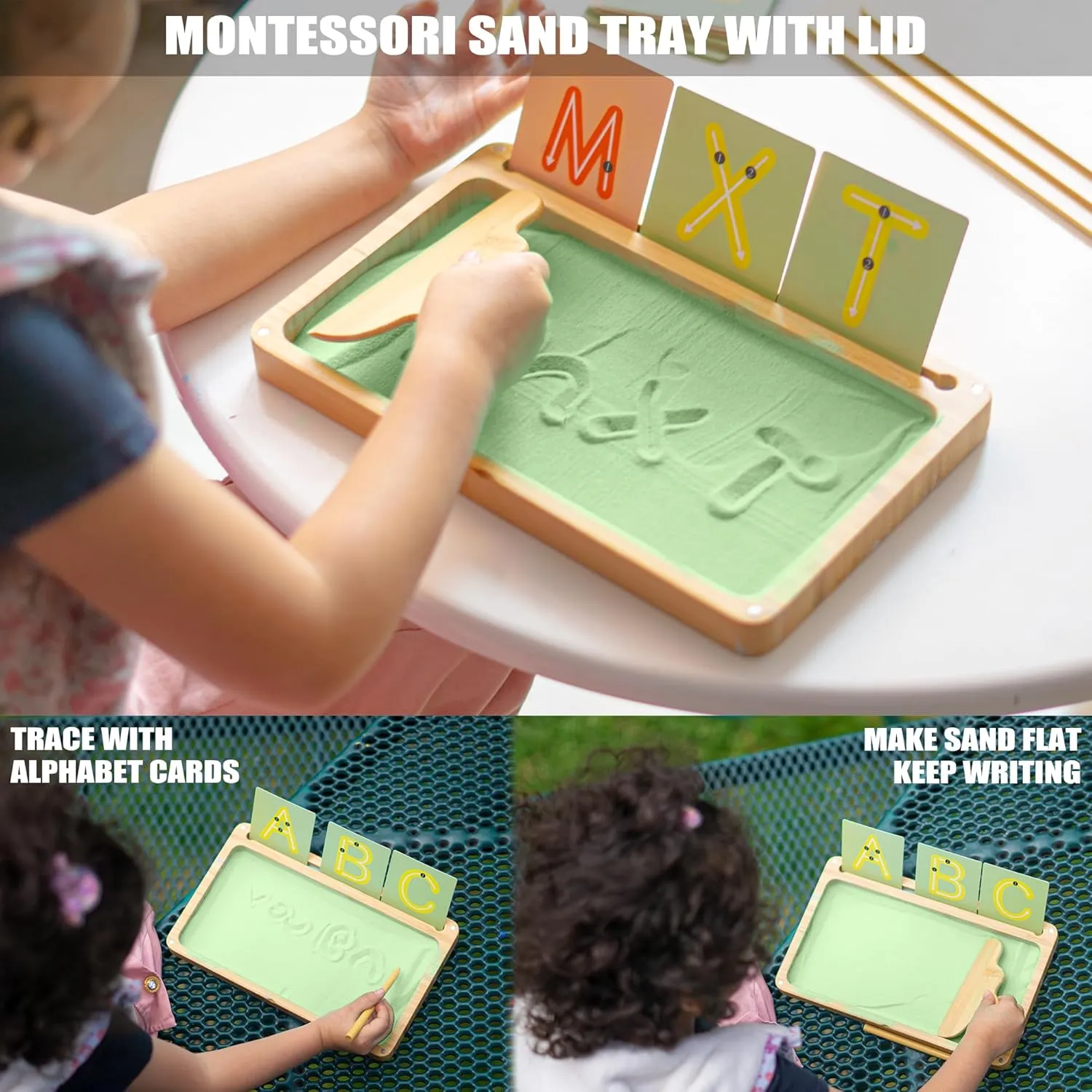 Montessori Sand Tray with Lid - Wooden Sand Trays for Kids - Writing Letters and Numbers (Green)