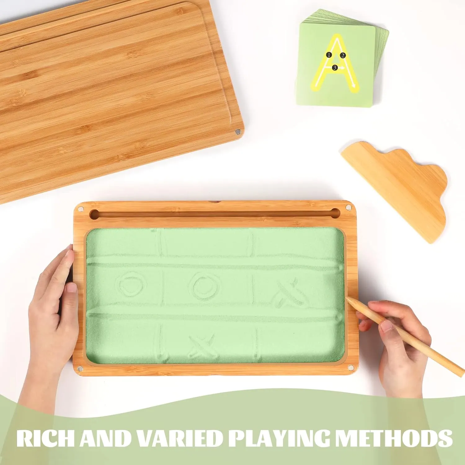 Montessori Sand Tray with Lid - Wooden Sand Trays for Kids - Writing Letters and Numbers (Green)