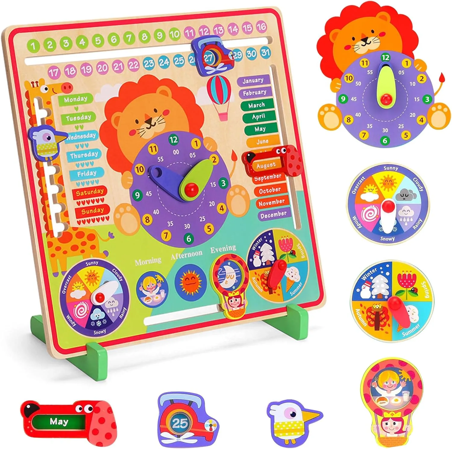 Montessori Toys for 4 Year Old,Wooden Calendar and Teaching Clock for Kids Learning Clock for Telling Time, Date, Days of The Months, Seasons and Weather-Educational Toys for Boys and Girls（7 in 1）