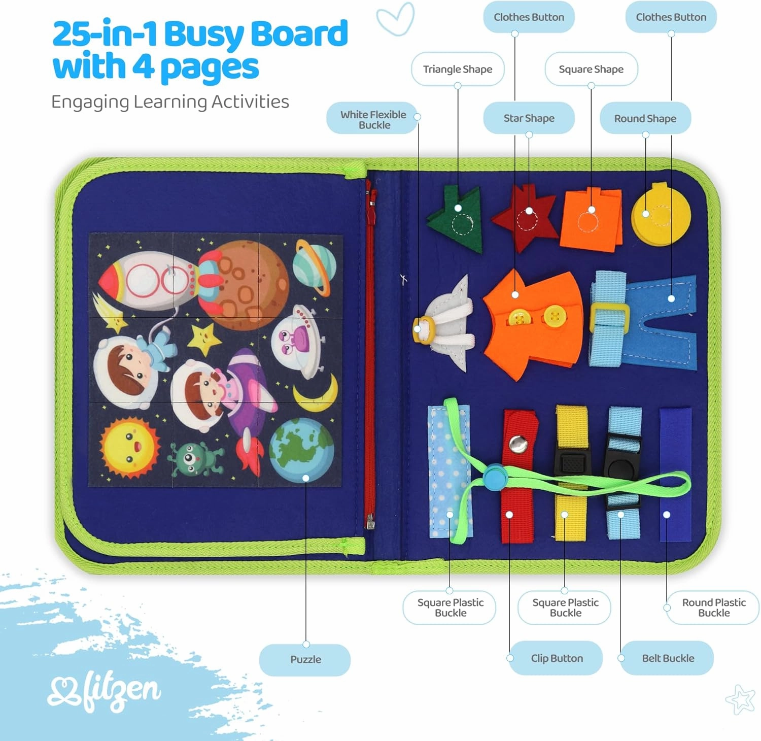Montessori Busy Board for Toddlers 1-3 Year Old - Baby Busy Board Book for 1 Year Old, Montessori Sensory Book Toy for Learning Fine Motor Skills, Travel Toys for Road Trip Plane Car Boys Girls