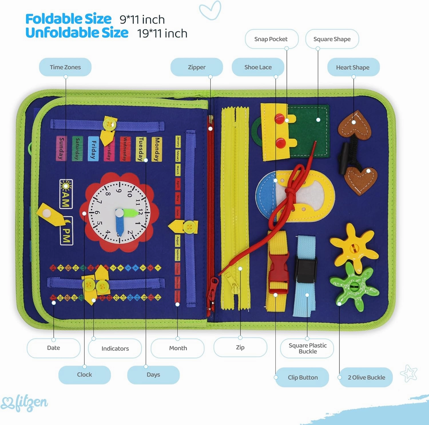 Montessori Busy Board for Toddlers 1-3 Year Old - Baby Busy Board Book for 1 Year Old, Montessori Sensory Book Toy for Learning Fine Motor Skills, Travel Toys for Road Trip Plane Car Boys Girls