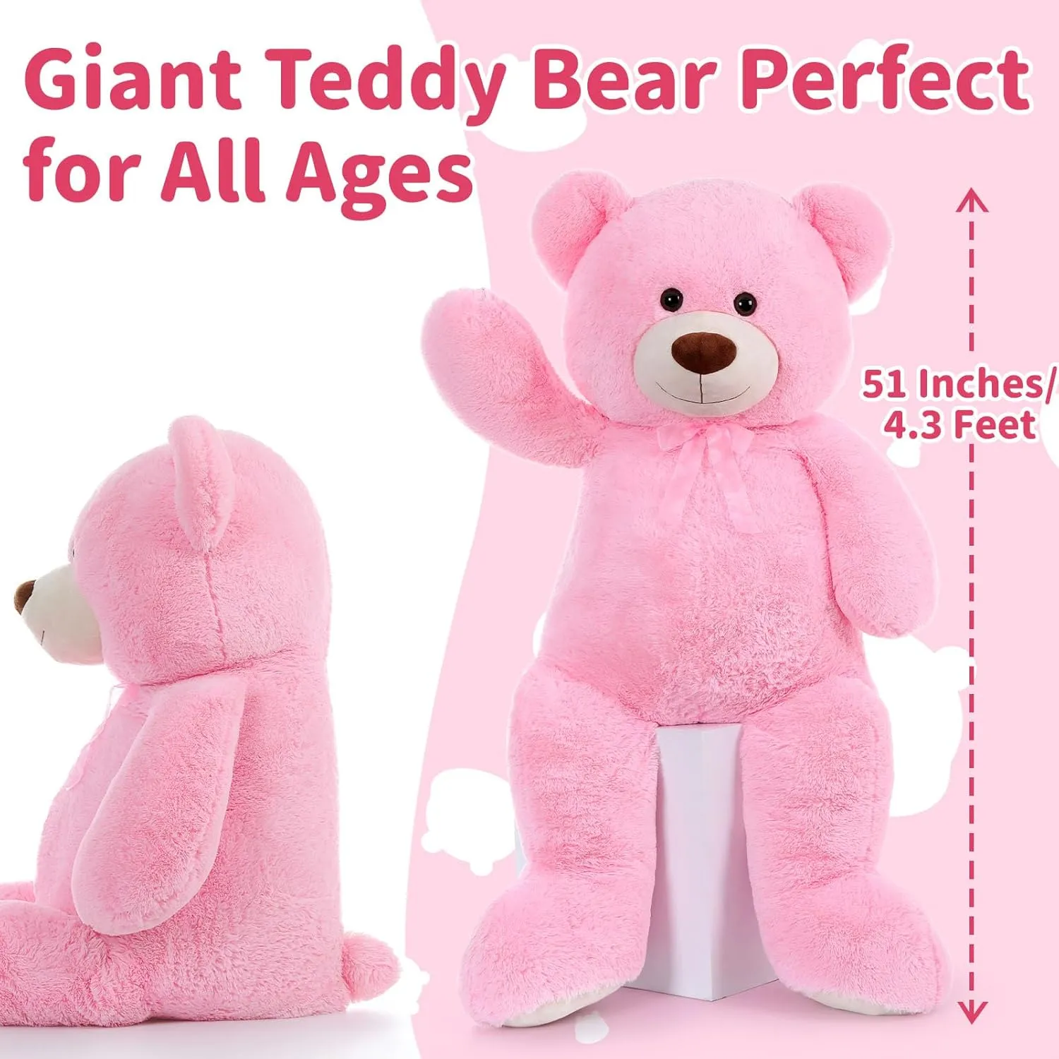 MorisMos Giant Teddy Bear Stuffed Animal 4 Ft,51'' Big Pink Teddy Bear for Girlfriend Boyfriend Wife Mom Fiancée Valentine's Gift,Large Stuffed Bear Plush for Christmas Birthday Baby Shower,Pink