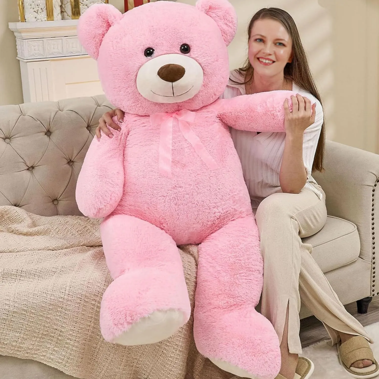 MorisMos Giant Teddy Bear Stuffed Animal 4 Ft,51'' Big Pink Teddy Bear for Girlfriend Boyfriend Wife Mom Fiancée Valentine's Gift,Large Stuffed Bear Plush for Christmas Birthday Baby Shower,Pink