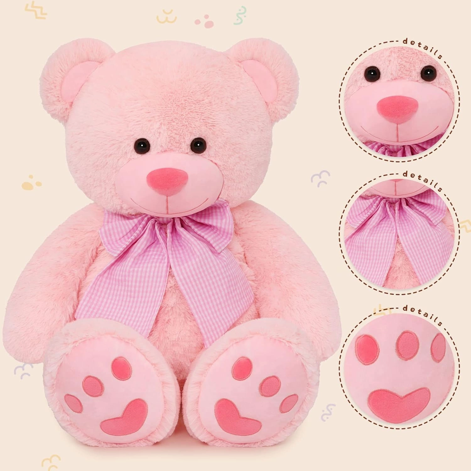 MorisMos 4 Feet Giant Teddy Bear Stuffed Animal, 47" Large Pink Teddy Bear Plush with Footprints and Big Bow, Valentines Christmas for Girlfriend, Wife, Girls, Baby Shower Decor