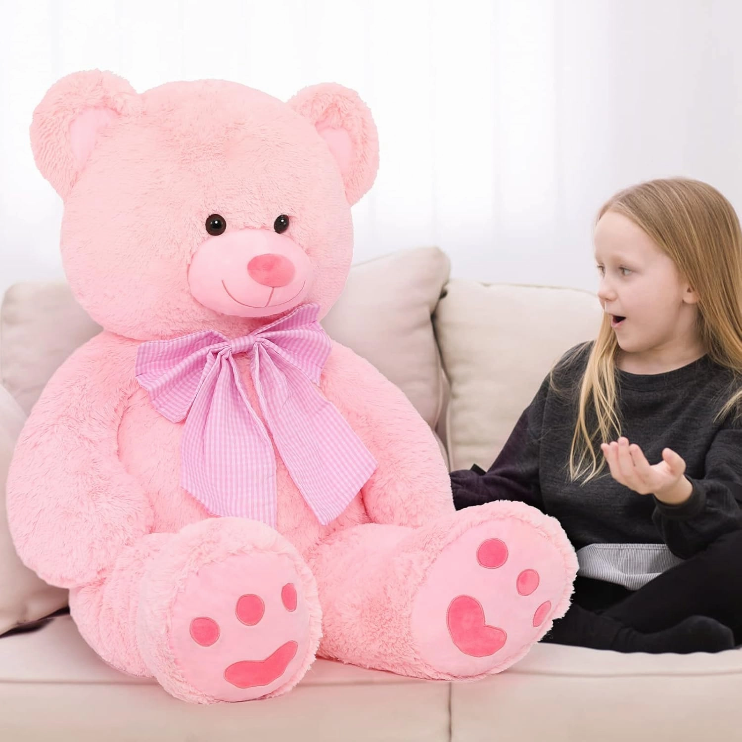 MorisMos 4 Feet Giant Teddy Bear Stuffed Animal, 47" Large Pink Teddy Bear Plush with Footprints and Big Bow, Valentines Christmas for Girlfriend, Wife, Girls, Baby Shower Decor
