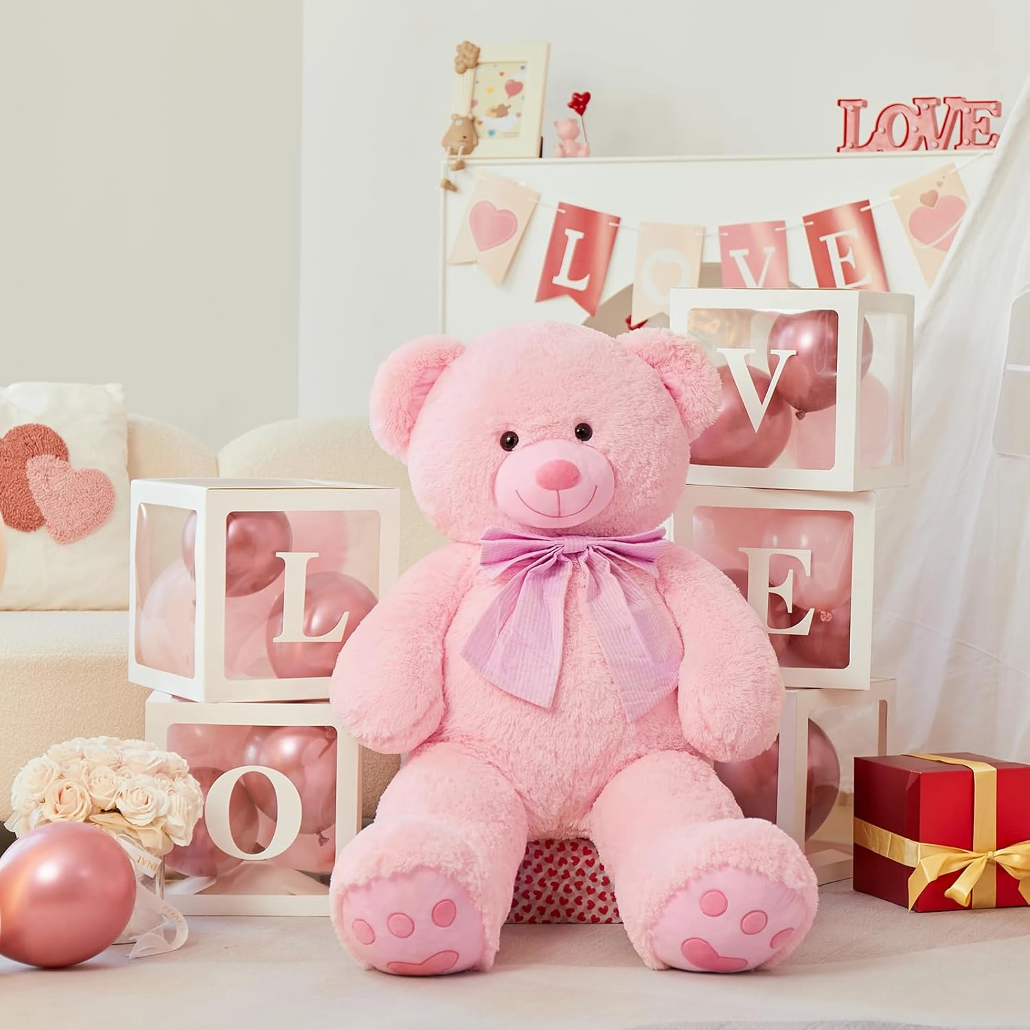 MorisMos 4 Feet Giant Teddy Bear Stuffed Animal, 47" Large Pink Teddy Bear Plush with Footprints and Big Bow, Valentines Christmas for Girlfriend, Wife, Girls, Baby Shower Decor