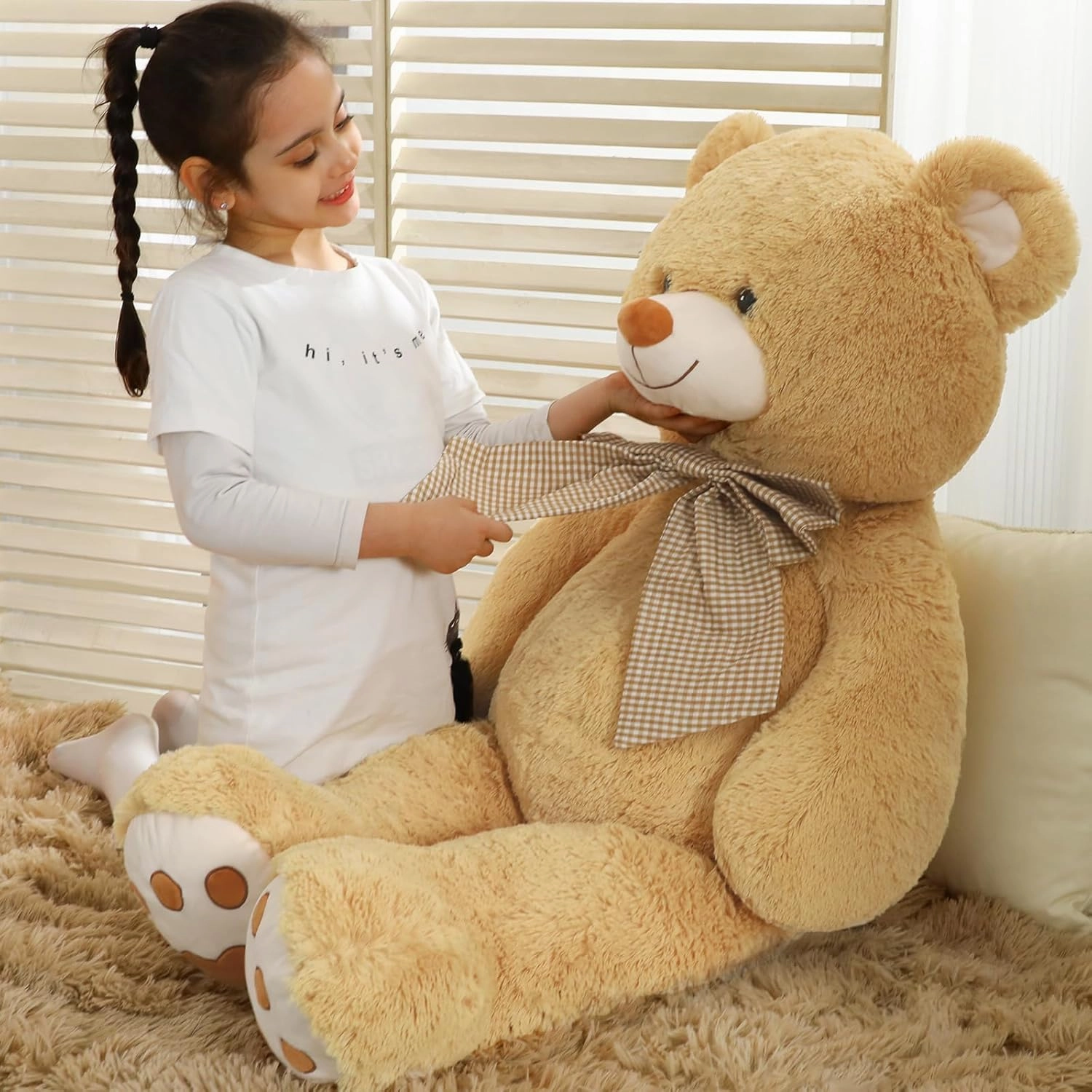 MorisMos 4 Feet Giant Teddy Bear Stuffed Animal, 47" Large Tan Teddy Bear Plush with Footprints and Big Bow, Valentines Christmas for Girlfriend, Wife, Girls, Baby Shower Decor